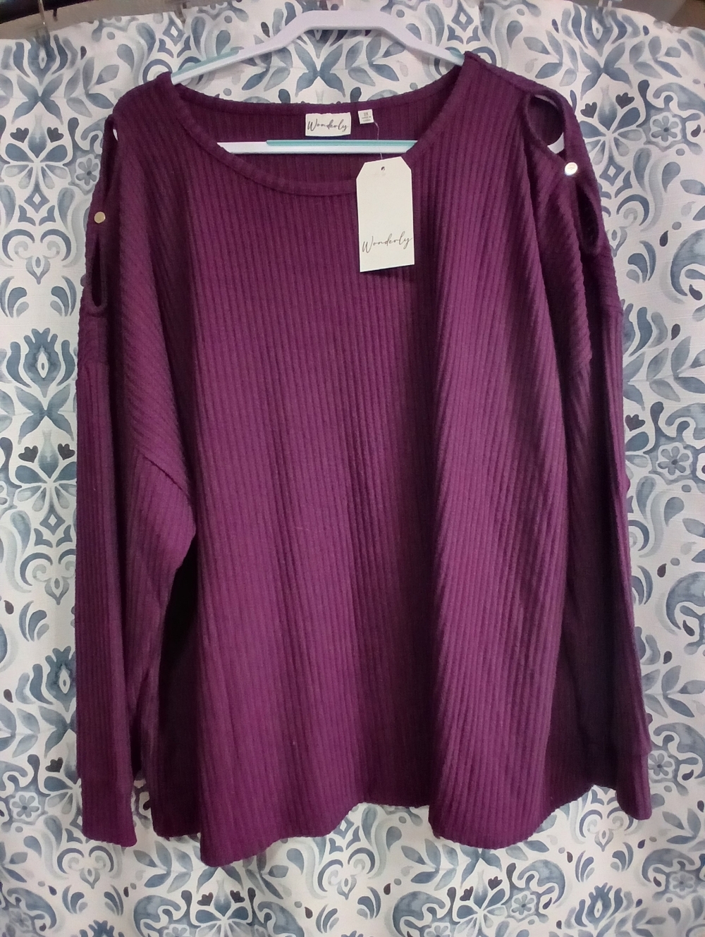Wonderly Purple Ribbed Cold-Shoulder Sweatshirt